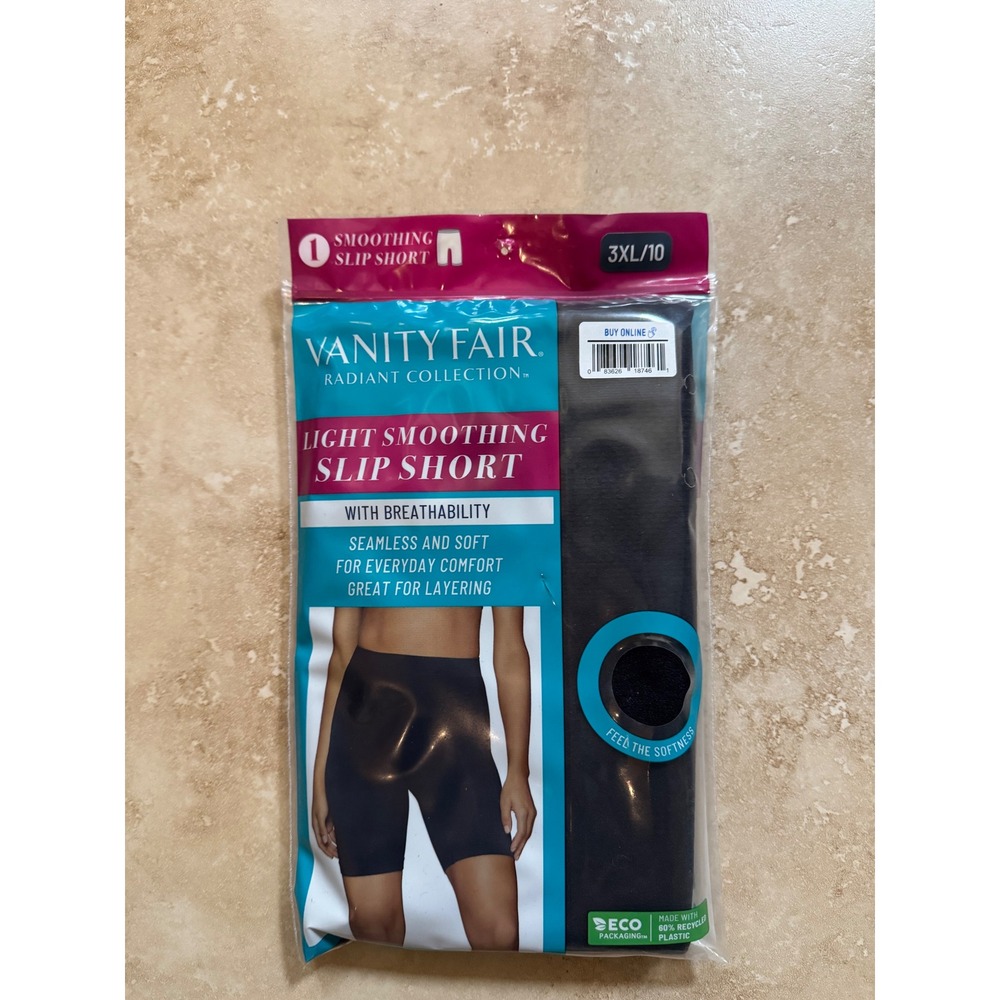 Vanity Fair Slip Short Women 3XL/10 Black Radiant Light Smoothing Seamless NEW